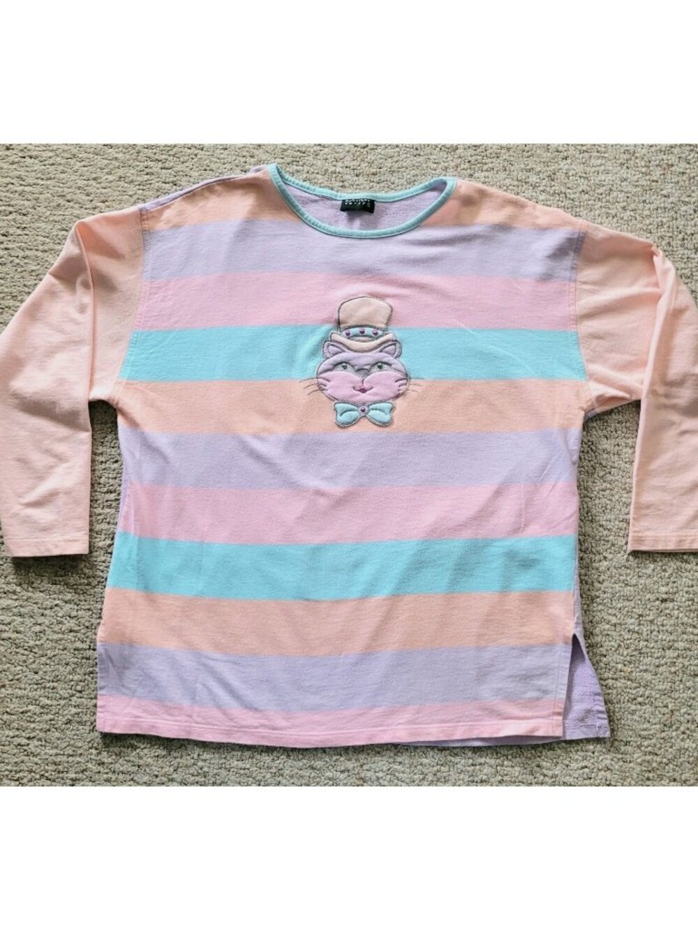 Vintage Striped Cat Top Graphic Shirt Size Large Pastel Botique Europa Kawaii